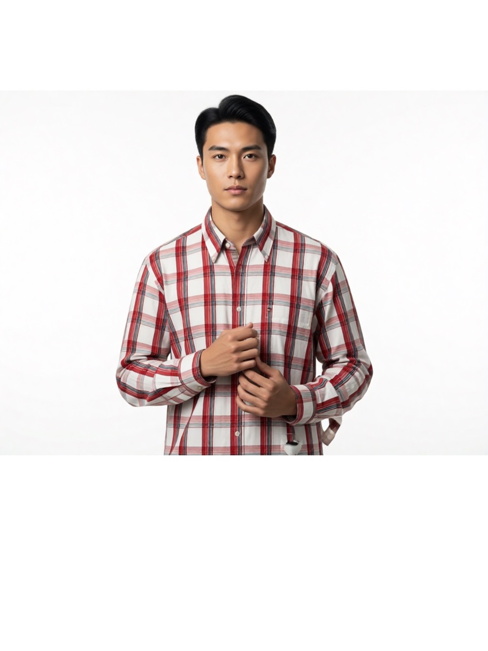 Tommy Hilfiger Men's Red and White Plaid Button-Up Shirt L